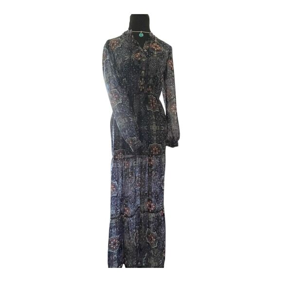 Xhilaration Dark Boho Sheer Maxi Dress Size SM Tiered Floral Whimsigoth Romantic - Picture 6 of 15